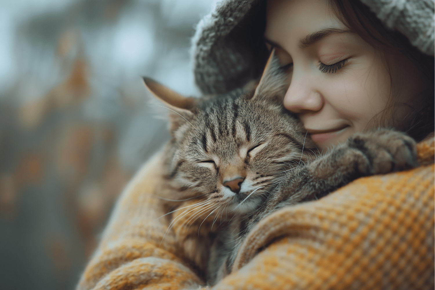 Woman hugging a tabby cat with both looking content and cozy