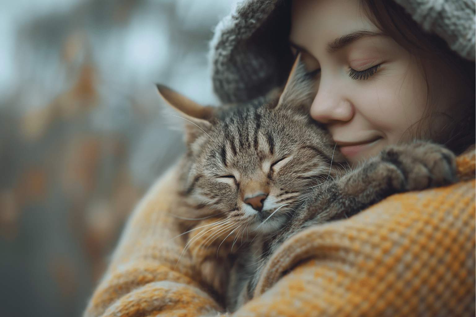 Woman hugging a tabby cat with both looking content and cozy