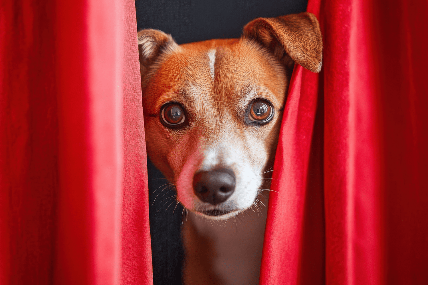 Brown and white dog peeking through red curtains
