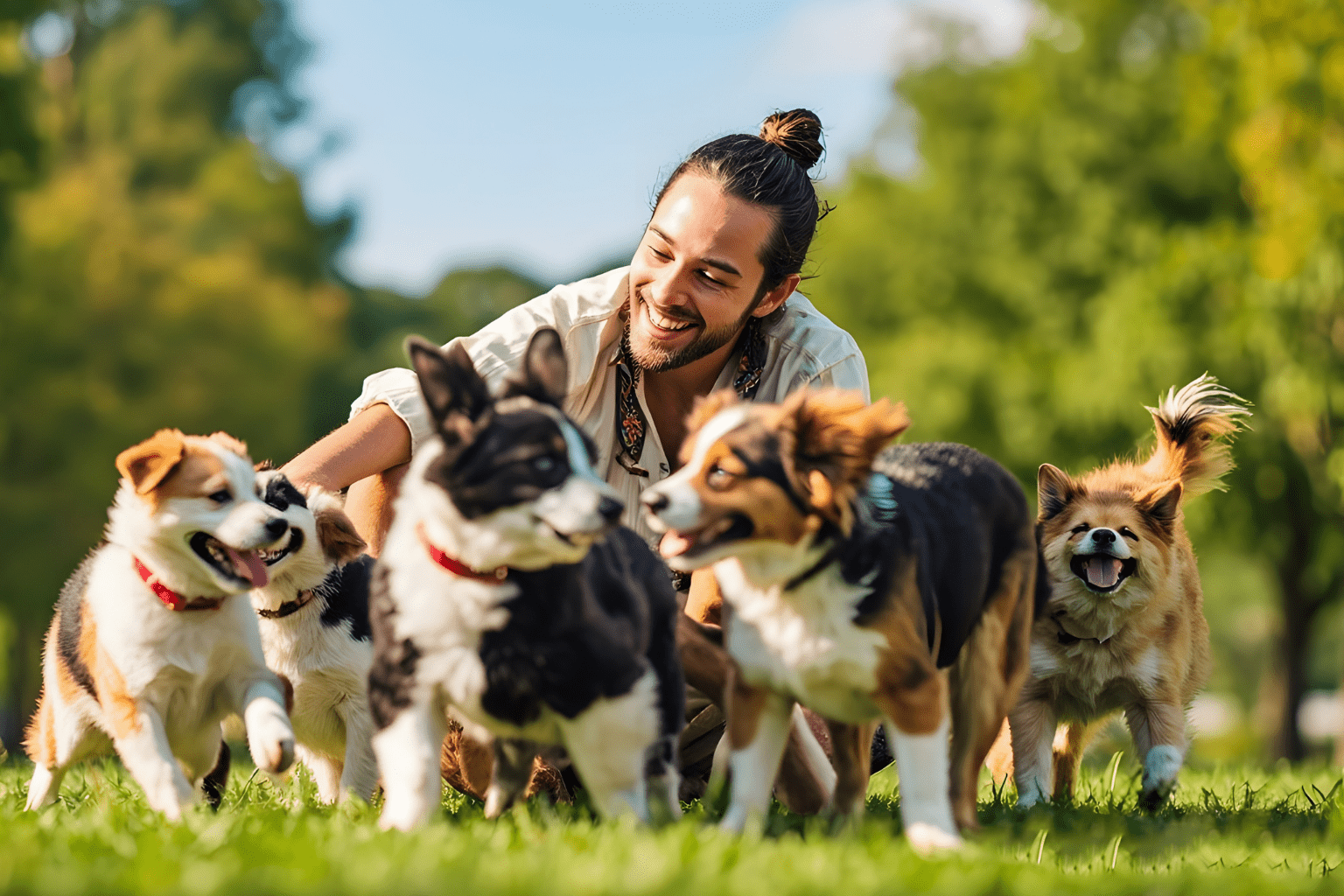 Man with several happy dogs outdoors