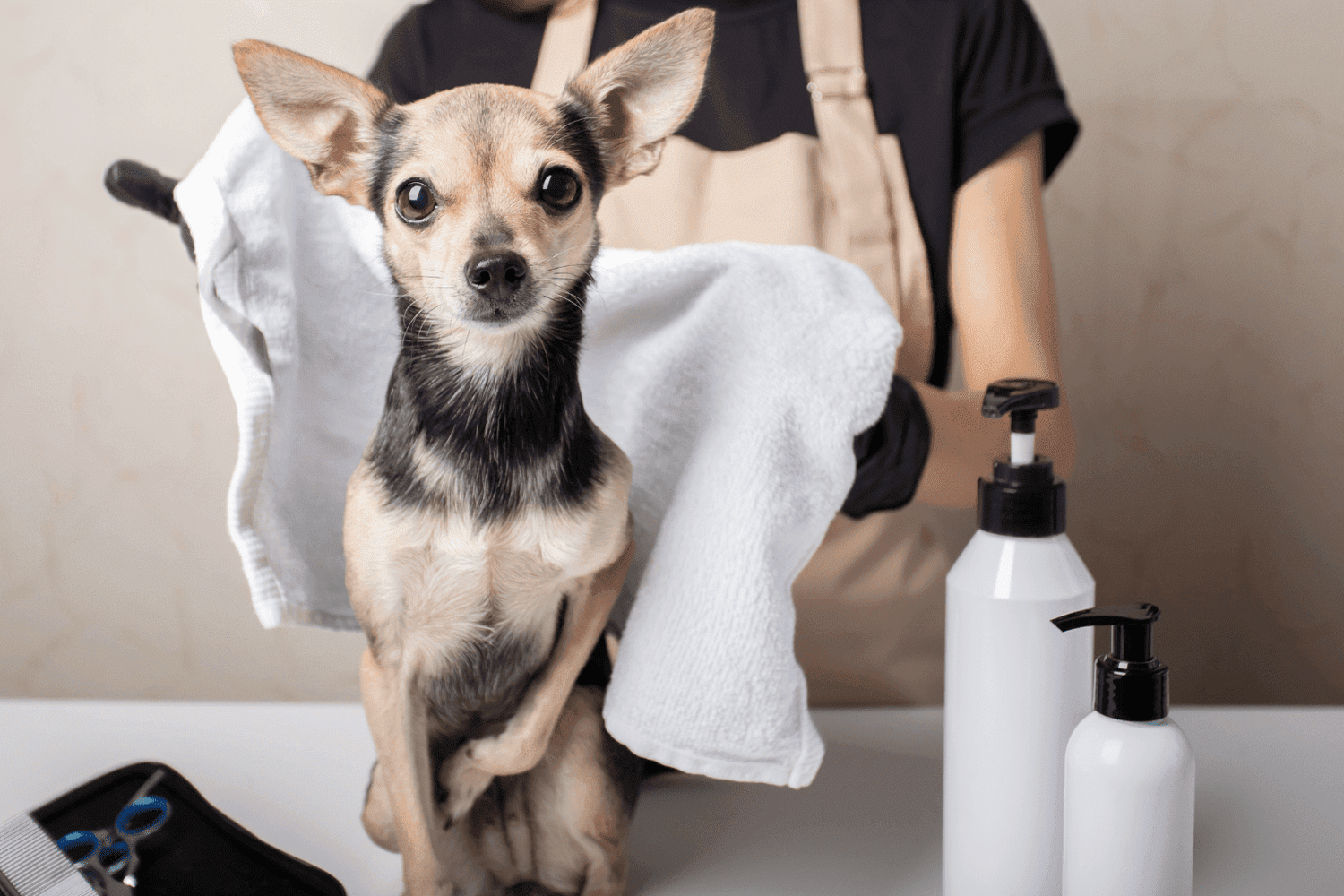 Small dog being dried with a towel at a grooming salon