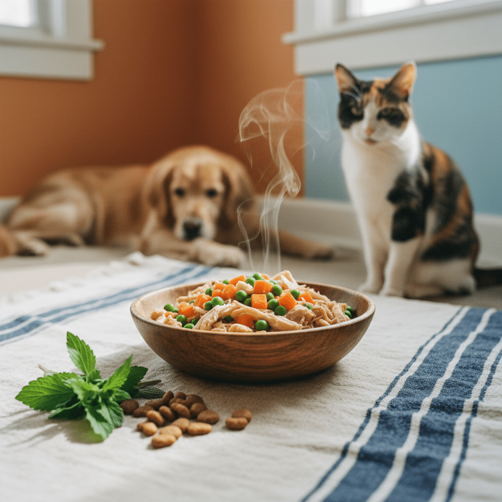 dogs eating cat food