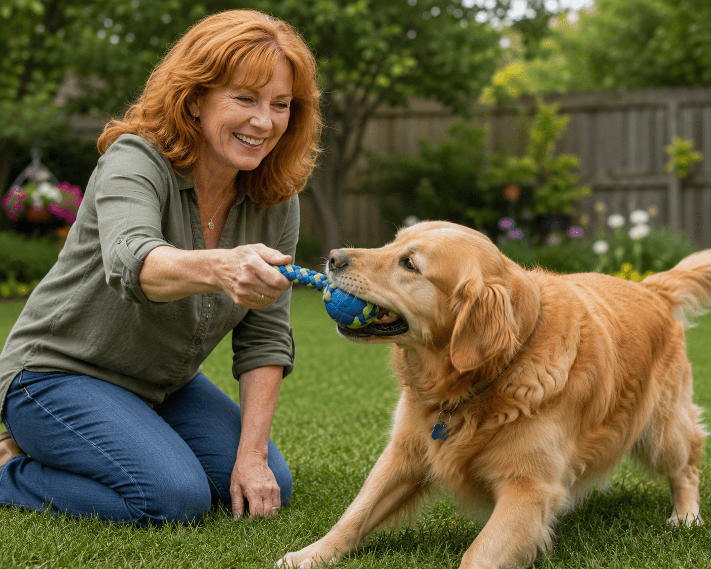 Dog owner playing with her dog