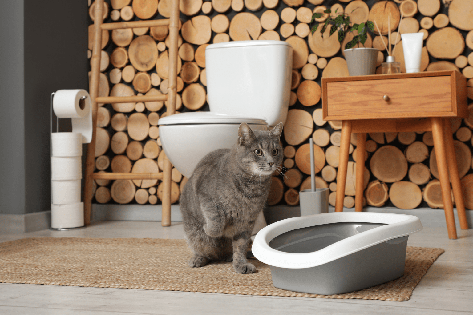 Tabby cat drinking from a stainless steel bowl on the floor.