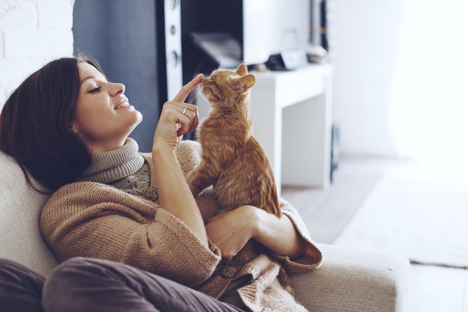 woman playing with orange cat