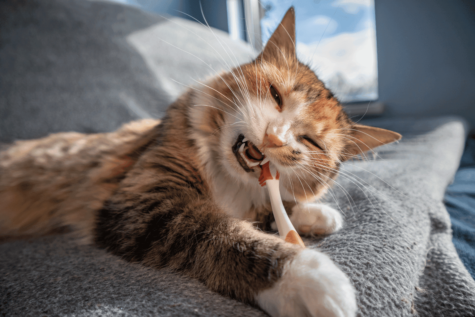 house cat with tooth brush