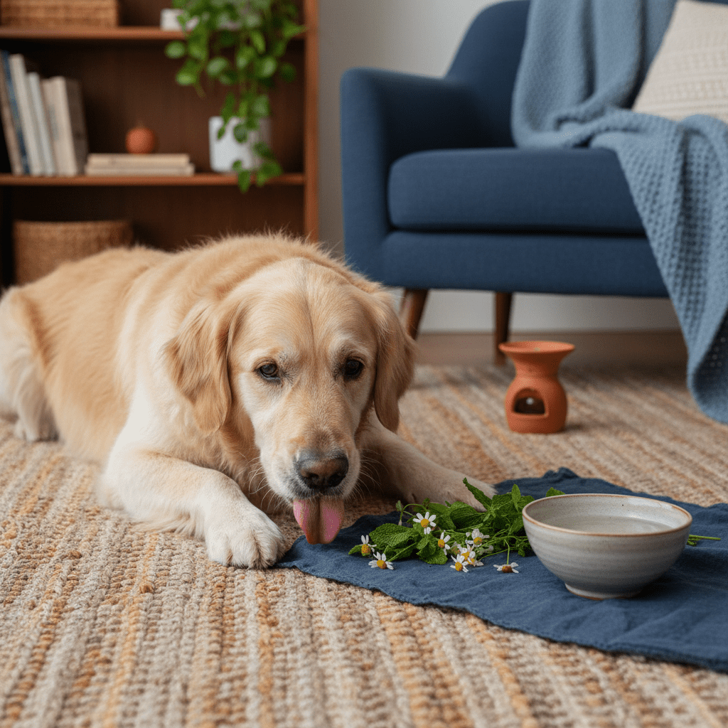 dog licking carpet