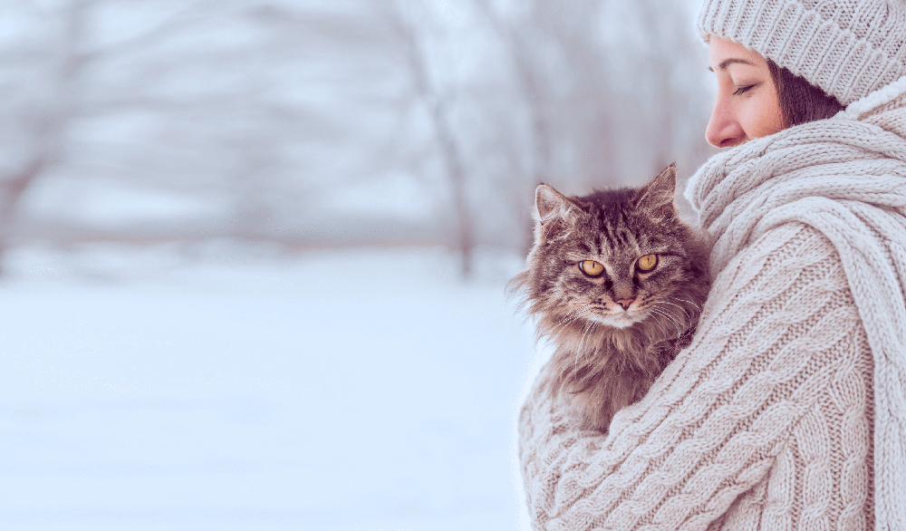 woman in winter with fluffy cat