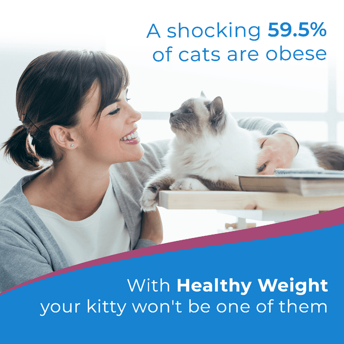 woman smiling at healthy cat, text: "A shocking 59.5% of cats are obese, with Healthy Weight your kitty won't be one of them"